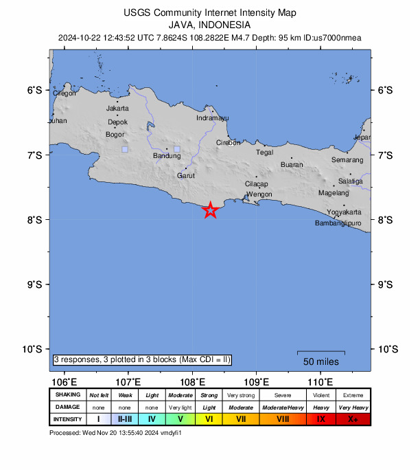 USGS DYFI community-reported intensity map for the M4.7 earthquake near 53 km S of Kawalu, Indonesia