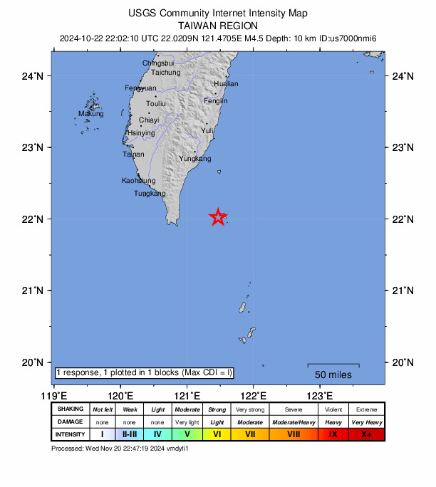 USGS DYFI community-reported intensity map for the M4.5 earthquake near 75 km E of Hengchun, Taiwan