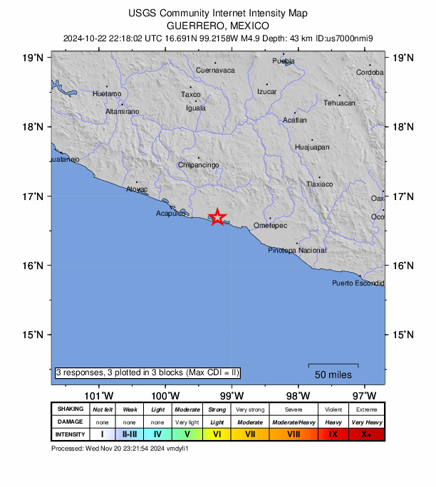 USGS DYFI community-reported intensity map for the M4.9 earthquake near 14 km SSW of Las Vigas, Mexico