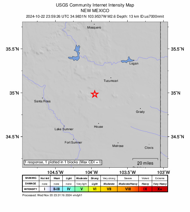 USGS DYFI community-reported intensity map for the M2.6 earthquake near 29 km SW of Tucumcari, New Mexico