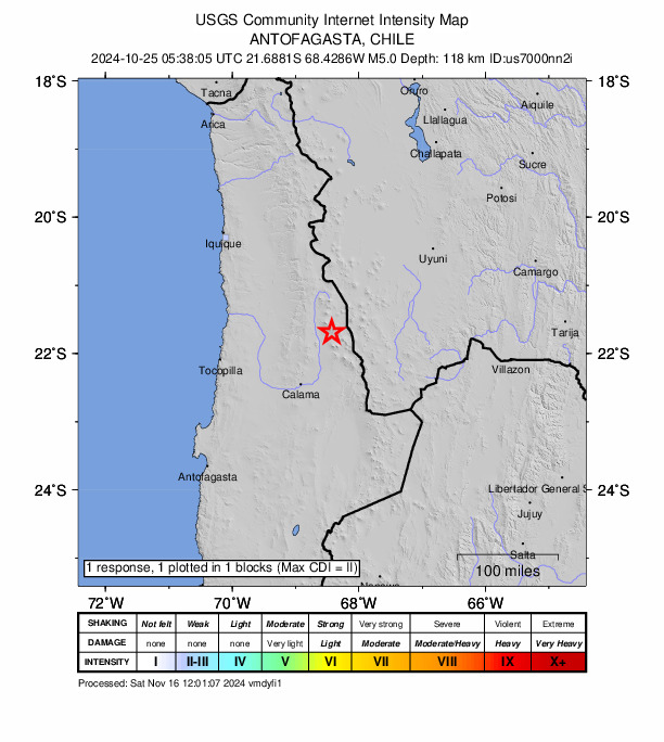 USGS DYFI community-reported intensity map for the M5.0 earthquake near 56 km SSW of Ollagüe, Chile