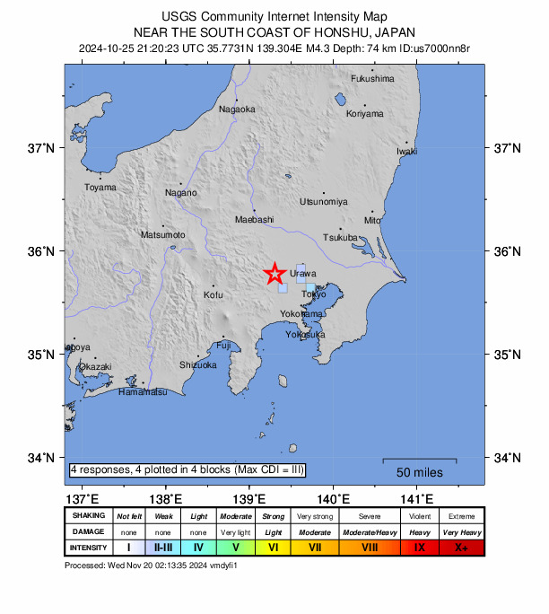 USGS DYFI community-reported intensity map for the M4.3 earthquake near 1 km NW of Hamura, Japan