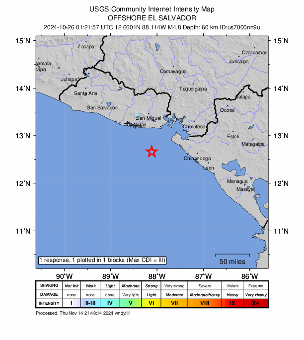 USGS DYFI community-reported intensity map for the M4.8 earthquake near 59 km S of Intipucá, El Salvador
