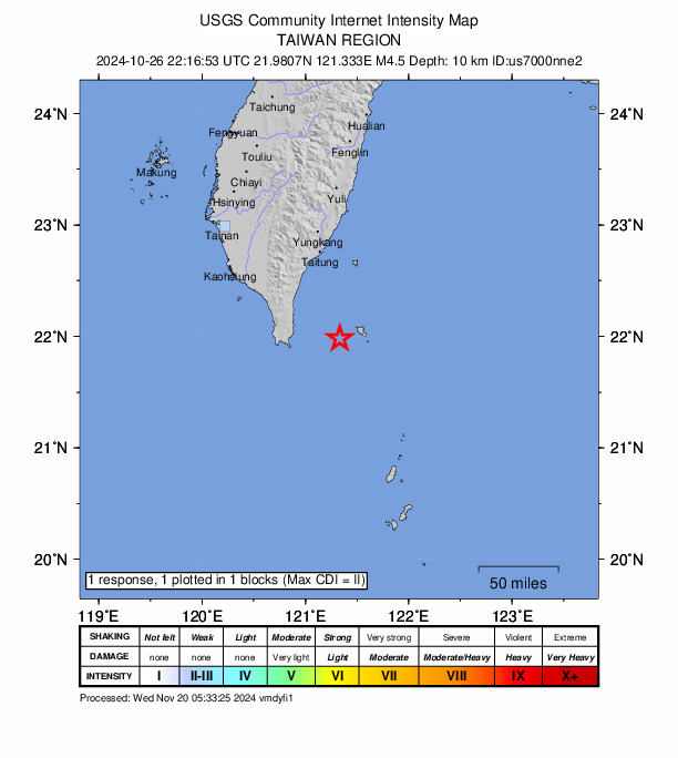 USGS DYFI community-reported intensity map for the M4.5 earthquake near 66 km E of Hengchun, Taiwan