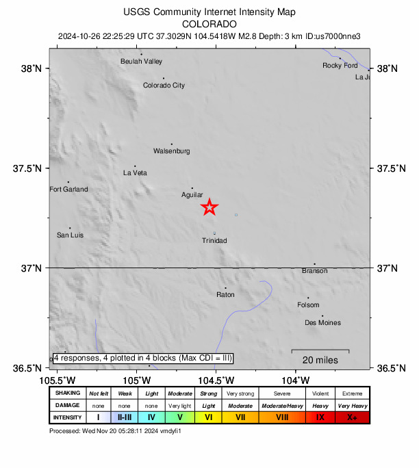 USGS DYFI community-reported intensity map for the M2.8 earthquake near 11 km NW of El Moro, Colorado
