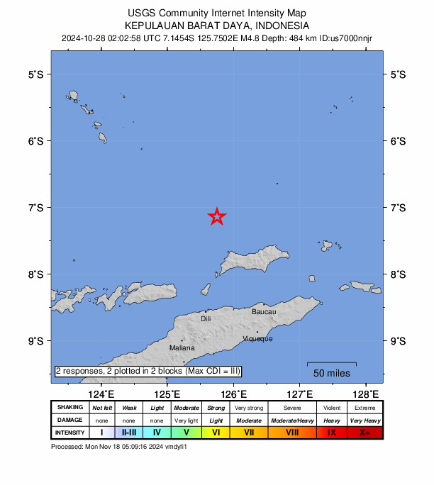 USGS DYFI community-reported intensity map for the M4.8 earthquake near 153 km N of Metinaro, Timor Leste