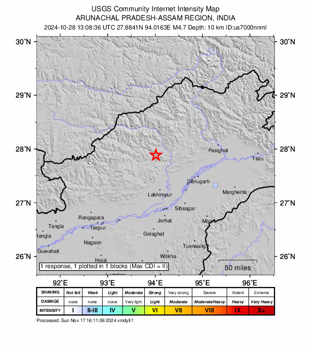 USGS DYFI community-reported intensity map for the M4.7 earthquake near 36 km NNE of Ziro, India