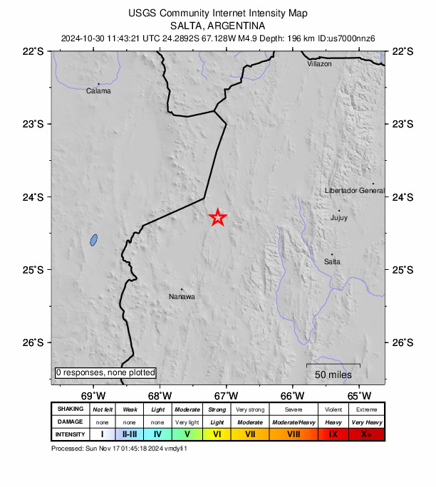USGS DYFI community-reported intensity map for the M4.9 earthquake near 66 km W of San Antonio de los Cobres, Argentina