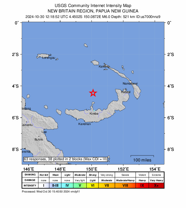 USGS DYFI community-reported intensity map for the M6.0 earthquake near 126 km N of Kimbe, Papua New Guinea