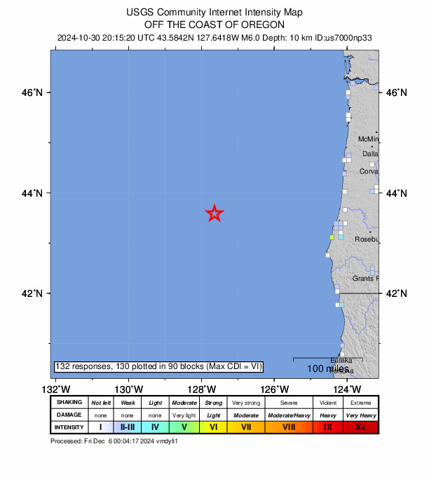 USGS DYFI community-reported intensity map for the M6.0 earthquake near 267 km W of Bandon, Oregon