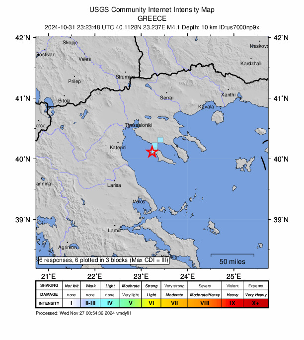 USGS DYFI community-reported intensity map for the M3.9 earthquake near 9 km WSW of Néa Fókaia, Greece