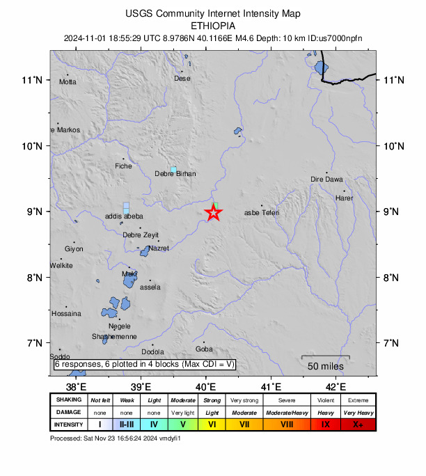 USGS DYFI community-reported intensity map for the M4.6 earthquake near 5 km W of Āwash, Ethiopia