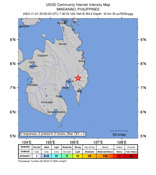 USGS DYFI community-reported intensity map for the M4.6 earthquake near 21 km ESE of San Mariano, Philippines