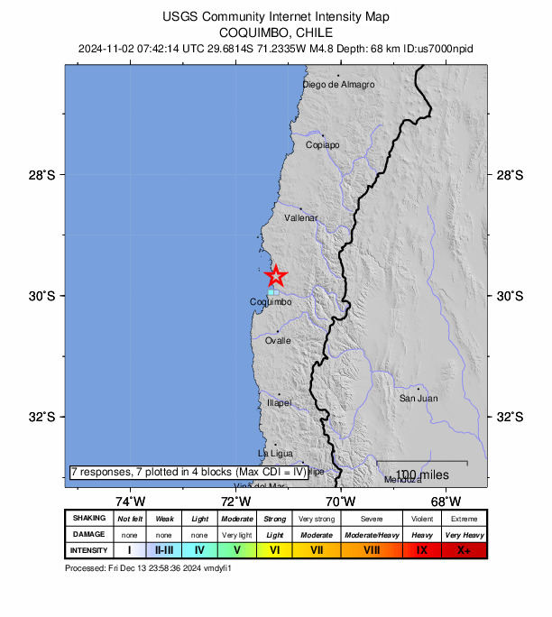 USGS DYFI community-reported intensity map for the M4.8 earthquake near 24 km N of La Serena, Chile
