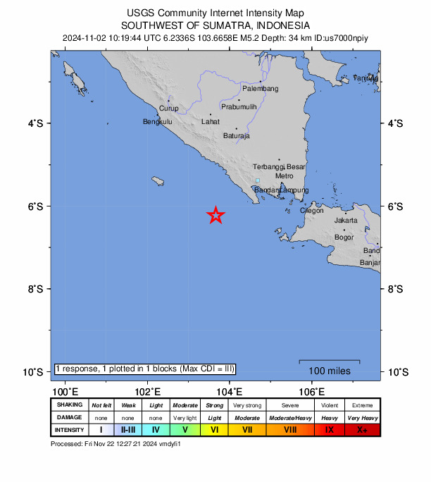 USGS DYFI community-reported intensity map for the M4.8 earthquake near 199 km WSW of Bandar Lampung, Indonesia