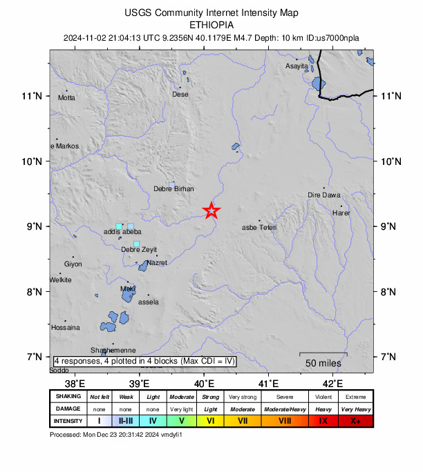 USGS DYFI community-reported intensity map for the M4.7 earthquake near 28 km N of Āwash, Ethiopia
