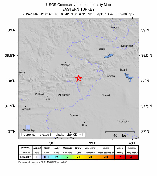 USGS DYFI community-reported intensity map for the M3.9 earthquake near 3 km ENE of Sincik, Turkey