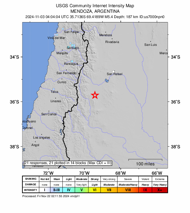 USGS DYFI community-reported intensity map for the M5.4 earthquake near 130 km NNE of Barrancas, Argentina