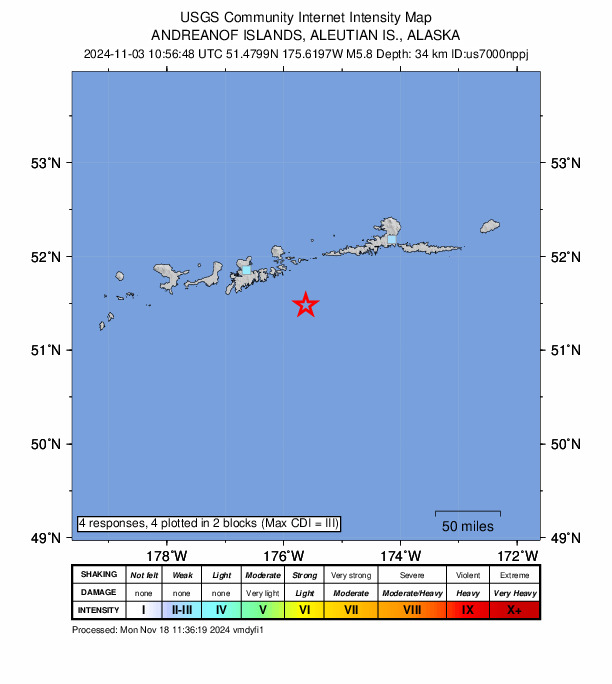USGS DYFI community-reported intensity map for the M5.8 earthquake near 82 km ESE of Adak, Alaska