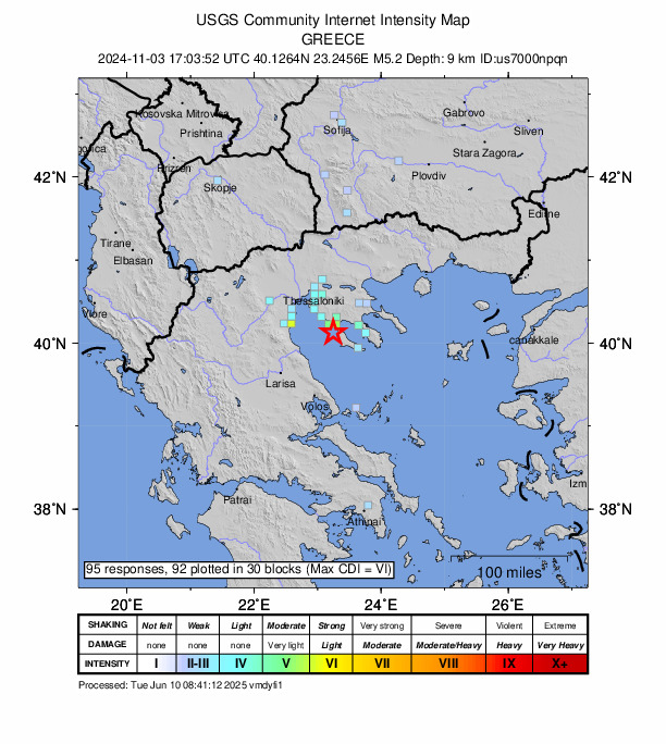 USGS DYFI community-reported intensity map for the M5.2 earthquake near 10 km SW of Néa Poteídaia, Greece