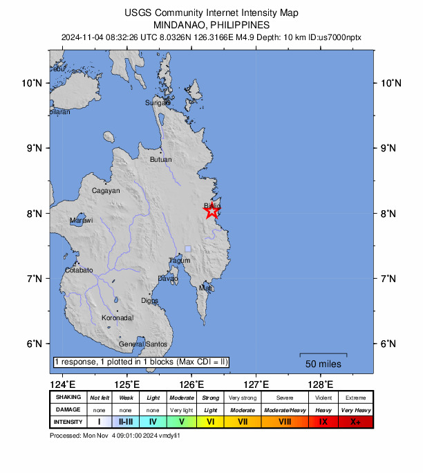 USGS DYFI community-reported intensity map for the M4.9 earthquake near 8 km W of Lingig, Philippines