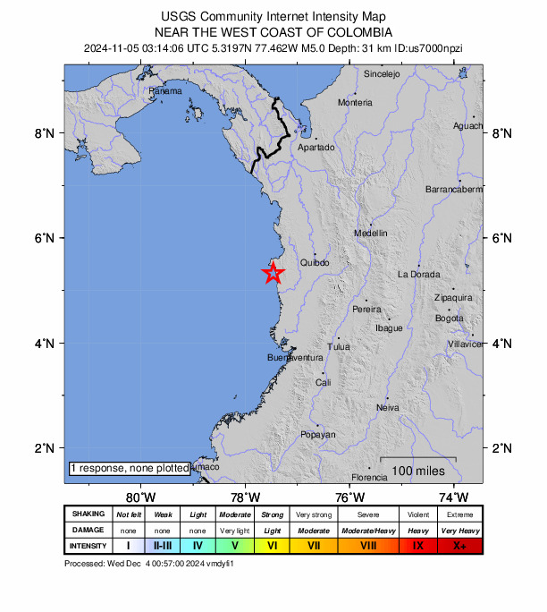 USGS DYFI community-reported intensity map for the M5.0 earthquake near 41 km NNW of Pizarro, Colombia
