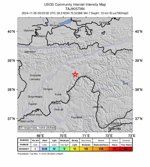 USGS DYFI community-reported intensity map for the M4.7 earthquake near 49 km NE of Mŭ’minobod, Tajikistan