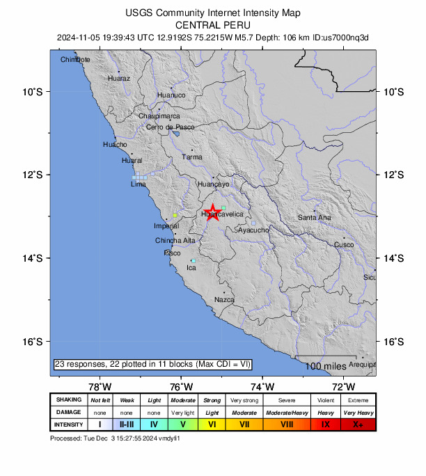 USGS DYFI community-reported intensity map for the M5.7 earthquake near 18 km NNW of Santa Ana, Peru