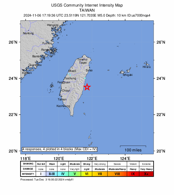USGS DYFI community-reported intensity map for the M5.0 earthquake near 52 km S of Hualien City, Taiwan