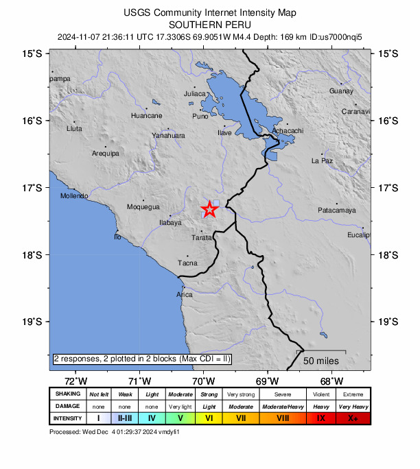 USGS DYFI community-reported intensity map for the M4.4 earthquake near 19 km E of Chuquitira, Peru