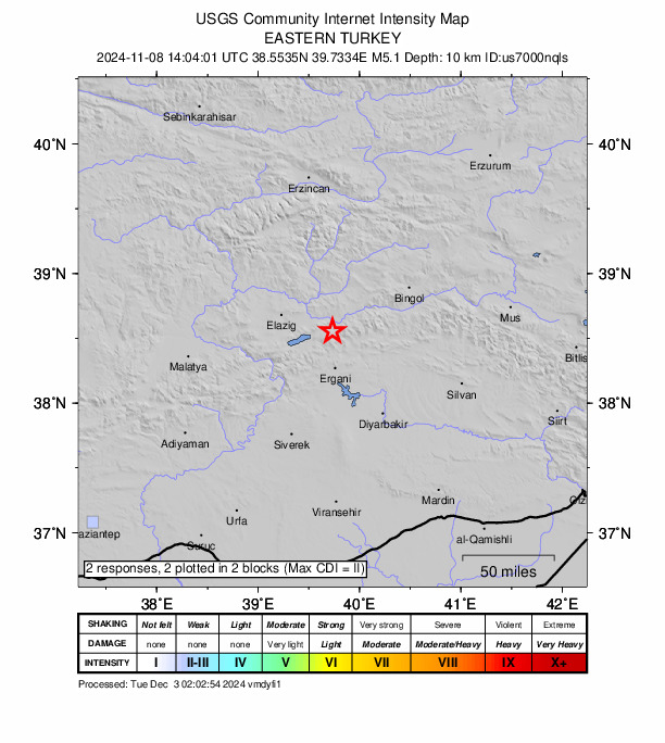 USGS DYFI community-reported intensity map for the M5.1 earthquake near 21 km SSW of Kovancılar, Turkey