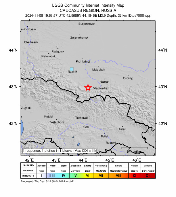 USGS DYFI community-reported intensity map for the M3.9 earthquake near 7 km WSW of Alagir, Russia