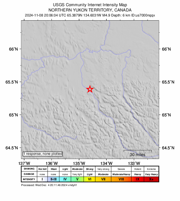 USGS DYFI community-reported intensity map for the M4.9 earthquake near 273 km ENE of Dawson City, Canada
