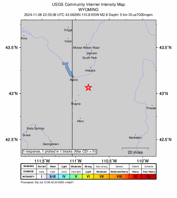 USGS DYFI community-reported intensity map for the M2.8 earthquake near 15 km NE of Star Valley Ranch, Wyoming