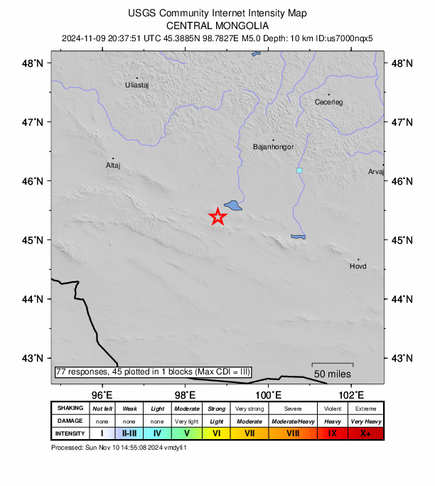 USGS DYFI community-reported intensity map for the M5.0 earthquake near 174 km WSW of Bayanhongor, Mongolia