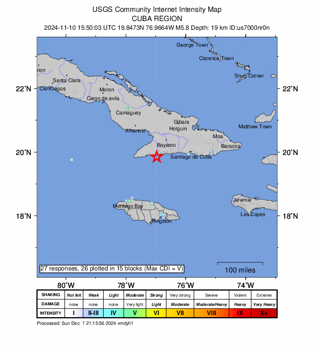 USGS DYFI community-reported intensity map for the M5.9 earthquake near 38 km S of Bartolomé Masó, Cuba