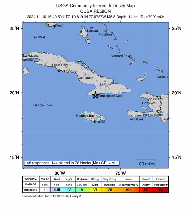 USGS DYFI community-reported intensity map for the M6.8 earthquake near 42 km SSW of Bartolomé Masó, Cuba