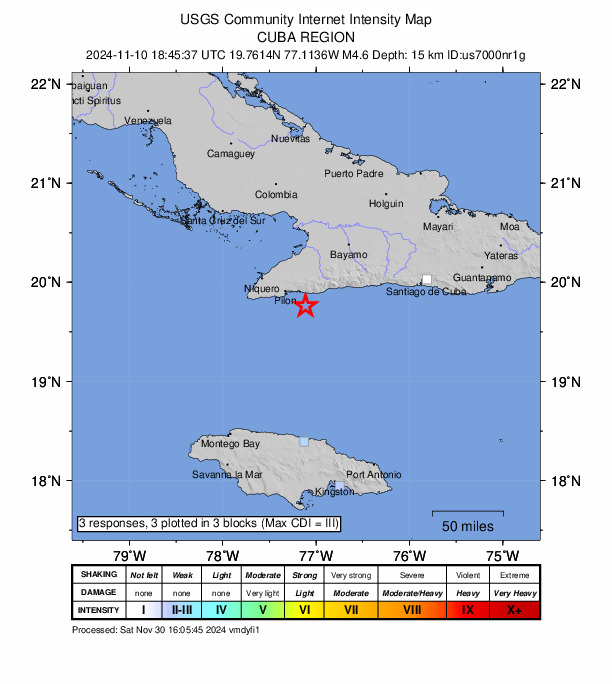 USGS DYFI community-reported intensity map for the M4.6 earthquake near 48 km SSW of Bartolomé Masó, Cuba