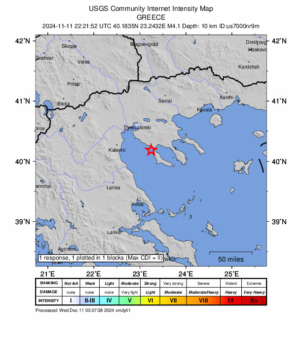 USGS DYFI community-reported intensity map for the M4.1 earthquake near 7 km W of Néa Poteídaia, Greece