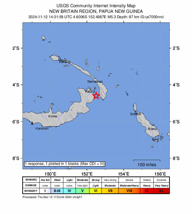 USGS DYFI community-reported intensity map for the M5.3 earthquake near 38 km SE of Kokopo, Papua New Guinea