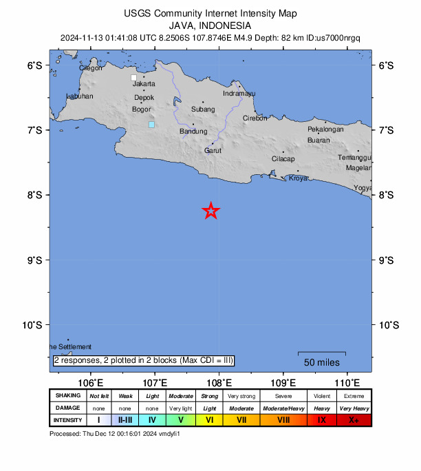 USGS DYFI community-reported intensity map for the M4.9 earthquake near 102 km SSW of Singaparna, Indonesia