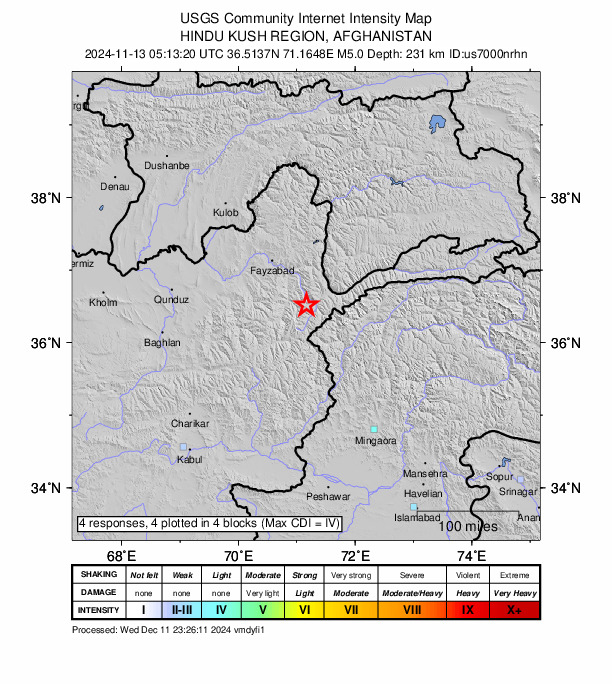 USGS DYFI community-reported intensity map for the M5.0 earthquake near 37 km WSW of Ashkāsham, Afghanistan