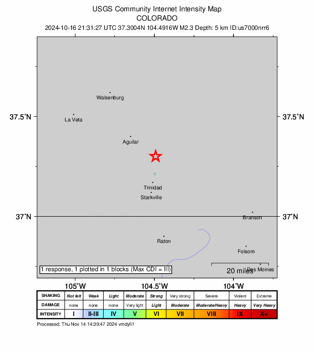 USGS DYFI community-reported intensity map for the M2.3 earthquake near 8 km NNW of El Moro, Colorado