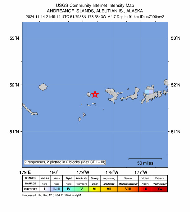 USGS DYFI community-reported intensity map for the M4.7 earthquake near 134 km W of Adak, Alaska