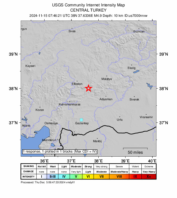 USGS DYFI community-reported intensity map for the M4.9 earthquake near 15 km E of Nurhak, Turkey
