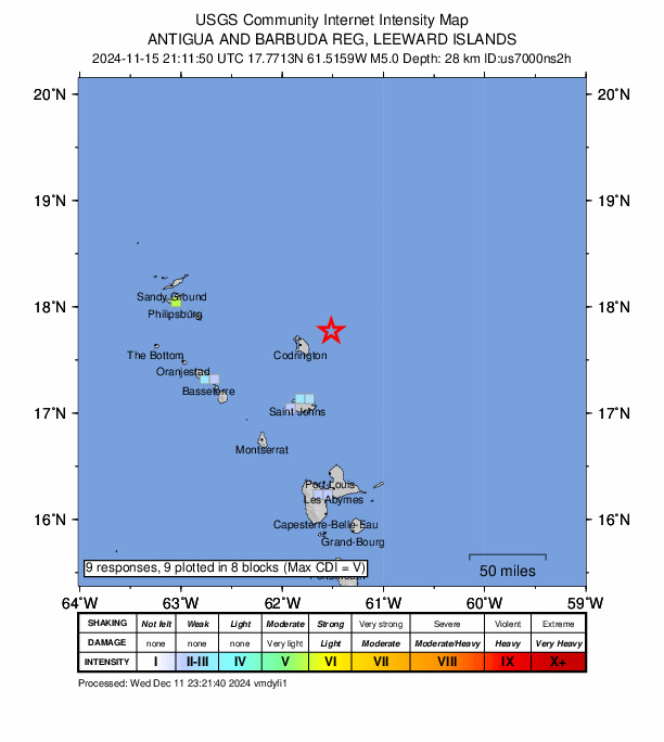 USGS DYFI community-reported intensity map for the M5.0 earthquake near 36 km ENE of Codrington, Antigua and Barbuda
