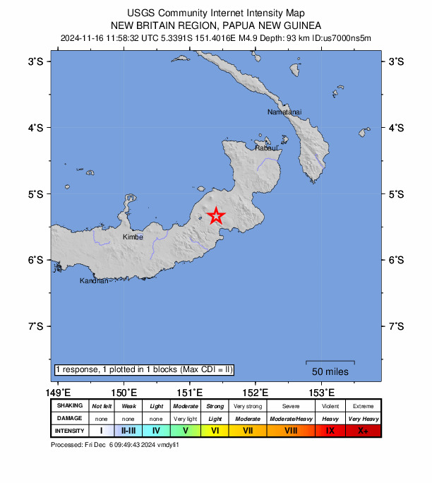 USGS DYFI community-reported intensity map for the M4.9 earthquake near 142 km E of Kimbe, Papua New Guinea