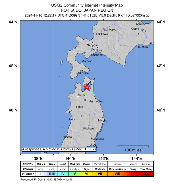 USGS DYFI community-reported intensity map for the M5.0 earthquake near 14 km NNE of Hiranai, Japan