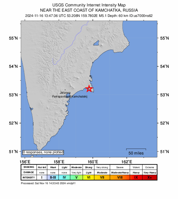 USGS DYFI community-reported intensity map for the M5.0 earthquake near 84 km E of Petropavlovsk-Kamchatsky, Russia