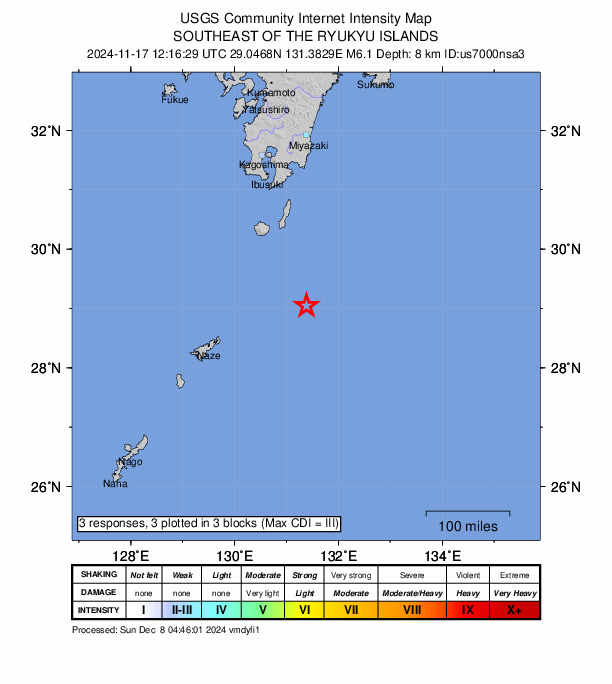 USGS DYFI community-reported intensity map for the M6.1 earthquake near 156 km SSE of Koshima, Japan